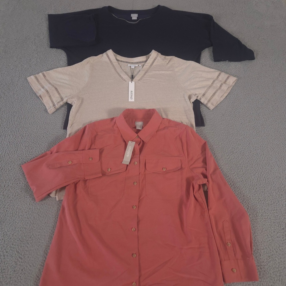 LOT OF 3 Chico's Top Women 2 US 12/14 L Linen Ladder Lace Tee Utility Shirt NEW